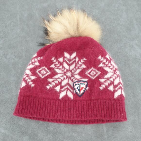 Rossignol Beanie Adult Red Fair Isle Wool Angora Blend Pom Ski Snowboard Stretch - Picture 1 of 4